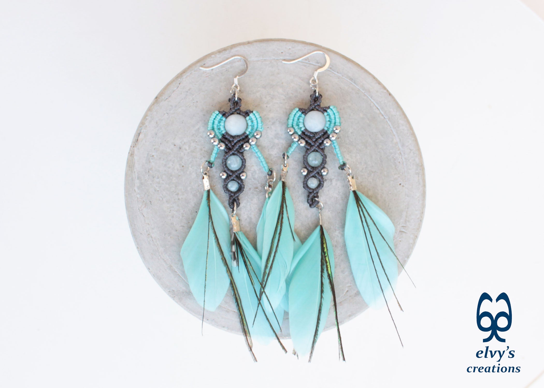 Statement turquoise bleu green hoops earrings good made of macrame moonstone and amazonite