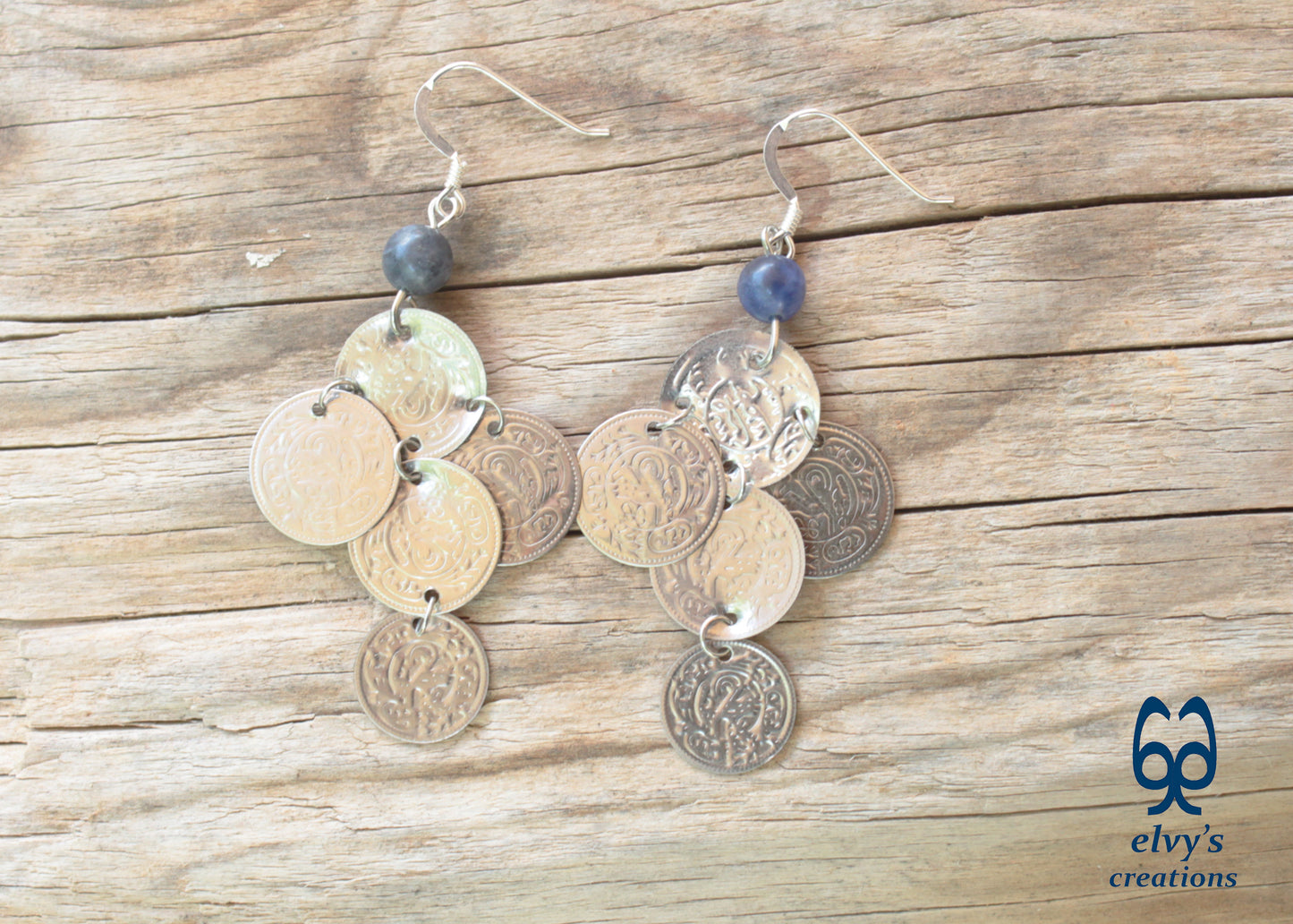 Gold Folklore Earrings, Coin Dangle Greek Traditional Jewelry, Sterling Silver Gold Plated Gypsy Jewelry, Gemstone