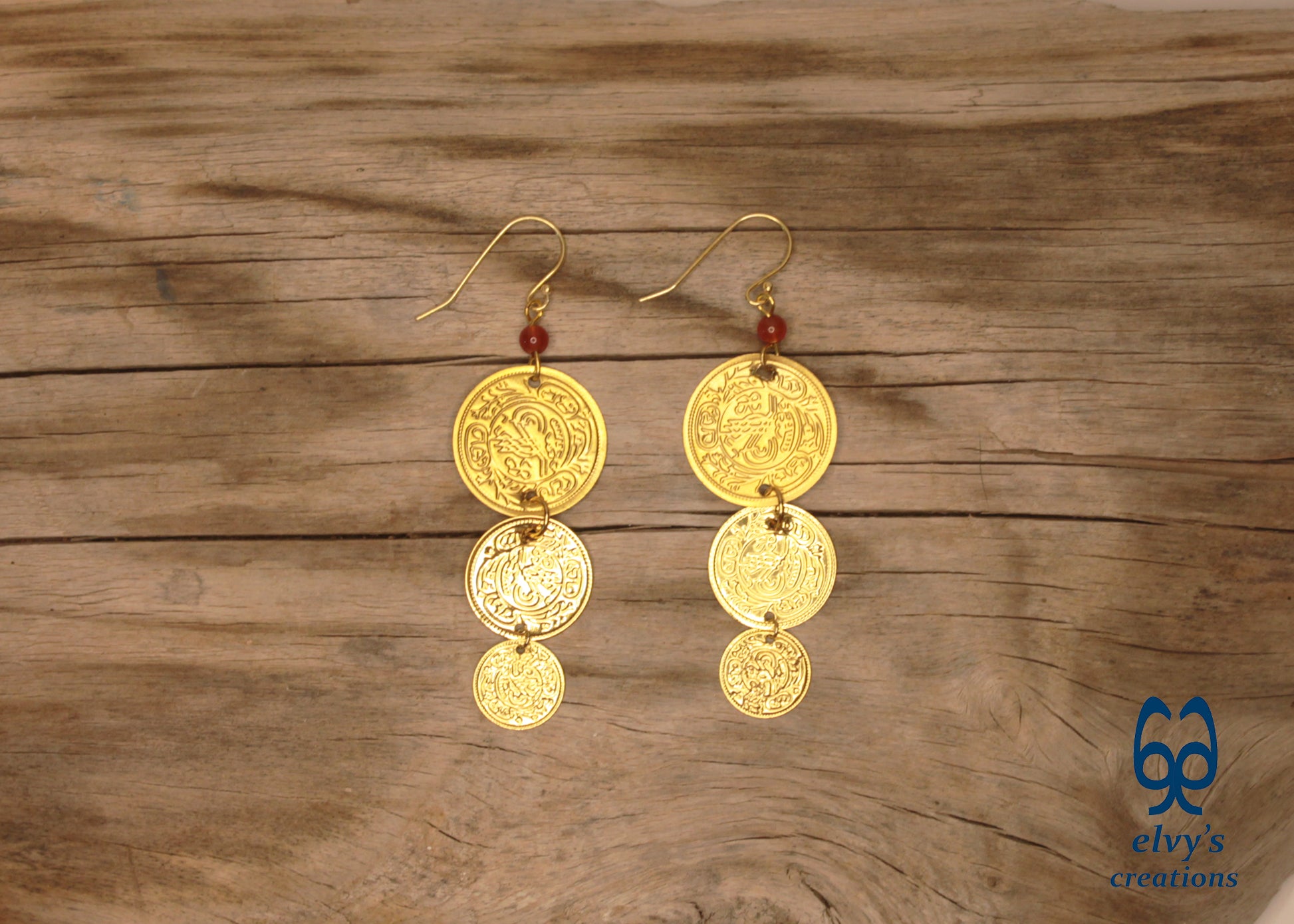 Gold Folklore Earrings, Coin Dangle Greek Traditional Jewelry, Sterling Silver Gold Plated Gypsy Jewelry, Gemstone