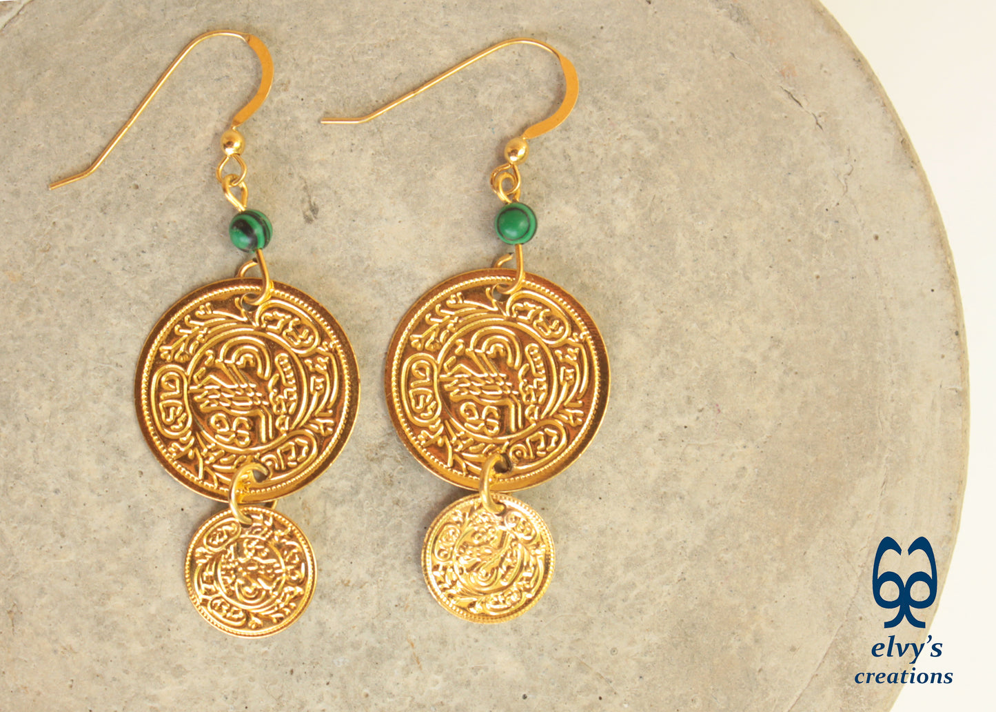 Gold Folklore Earrings, Coin Dangle Greek Traditional Jewelry, Sterling Silver Gold Plated Gypsy Jewelry, Gemstone