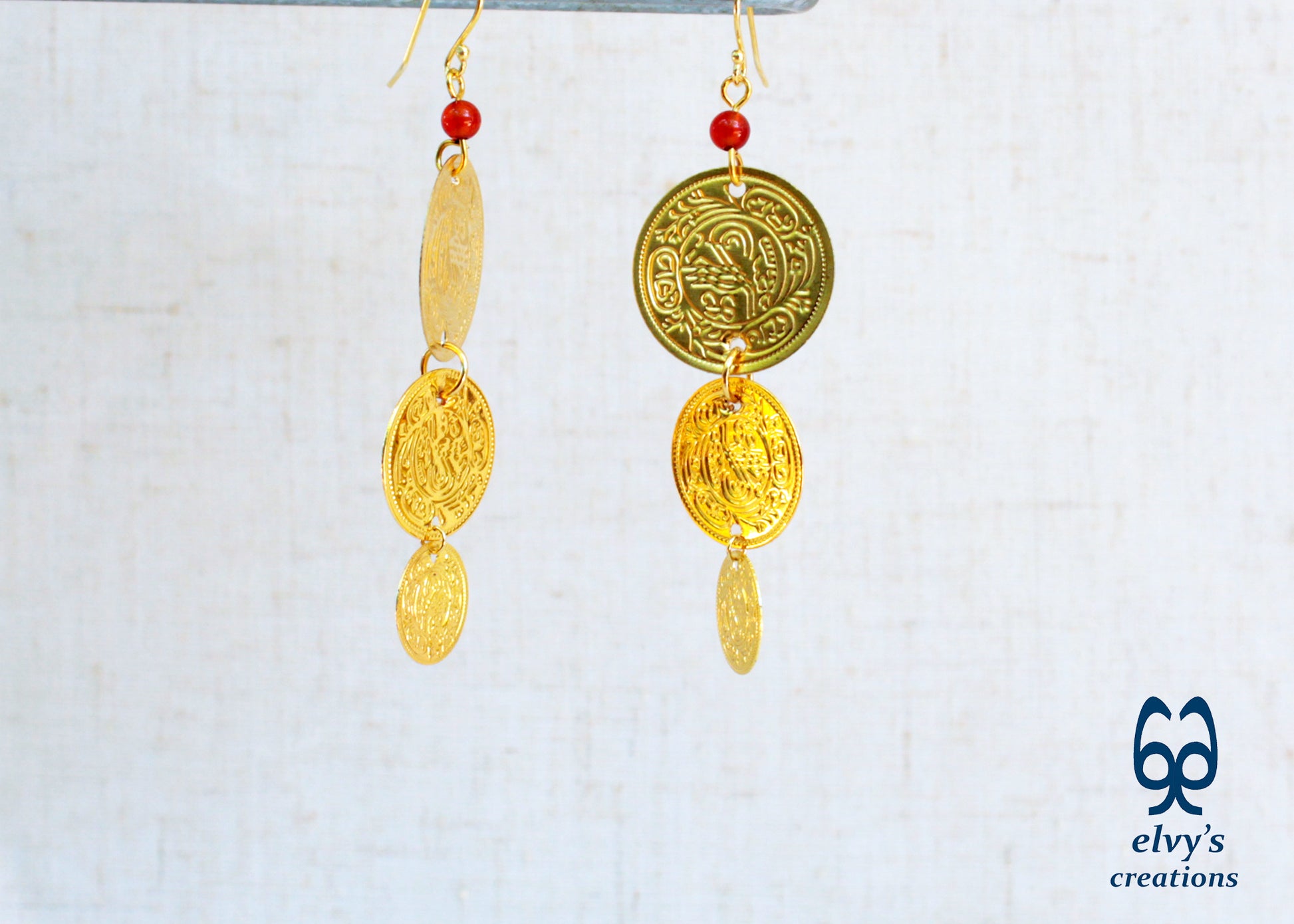 Gold Folklore Earrings, Coin Dangle Greek Traditional Jewelry, Sterling Silver Gold Plated Gypsy Jewelry, Gemstone