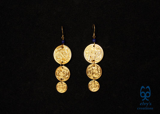 Gold Folklore Earrings, Coin Dangle Greek Traditional Jewelry, Sterling Silver Gold Plated Gypsy Jewelry, Gemstone