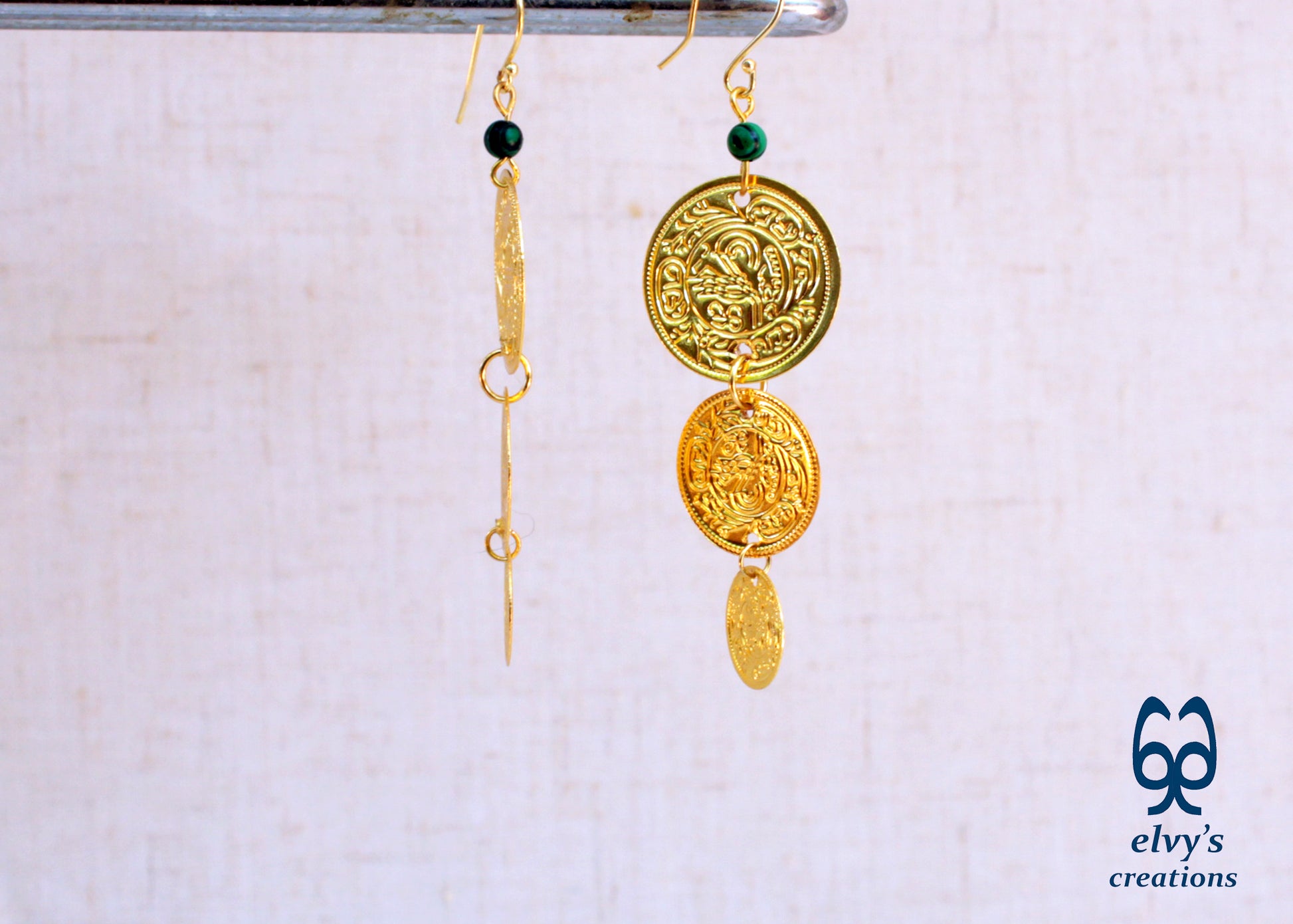 Gold Folklore Earrings, Coin Dangle Greek Traditional Jewelry, Sterling Silver Gold Plated Gypsy Jewelry, Gemstone