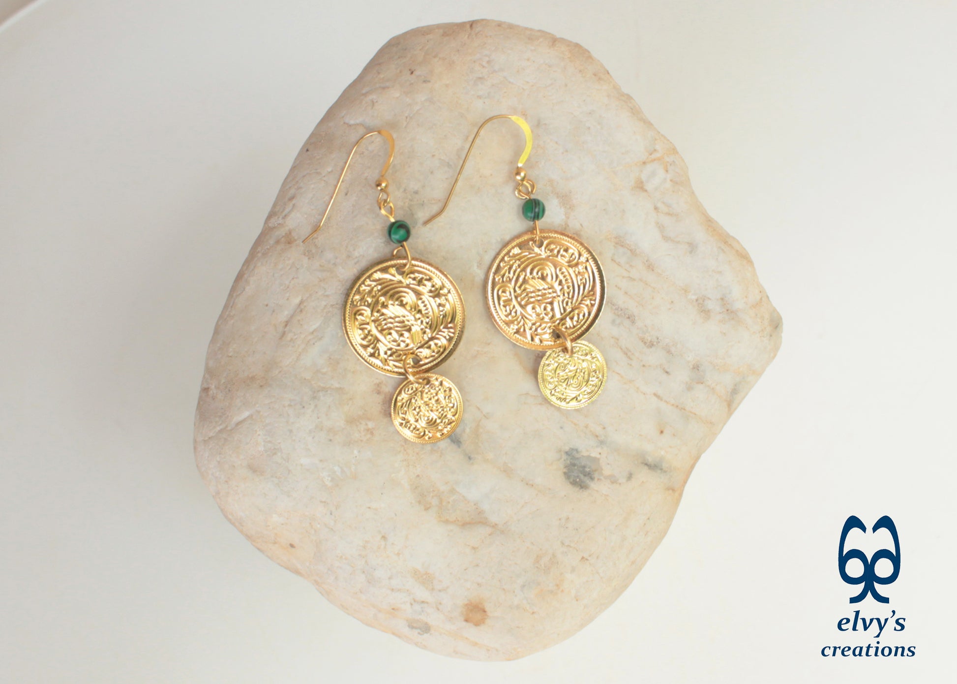 Gold Folklore Earrings, Coin Dangle Greek Traditional Jewelry, Sterling Silver Gold Plated Gypsy Jewelry, Gemstone