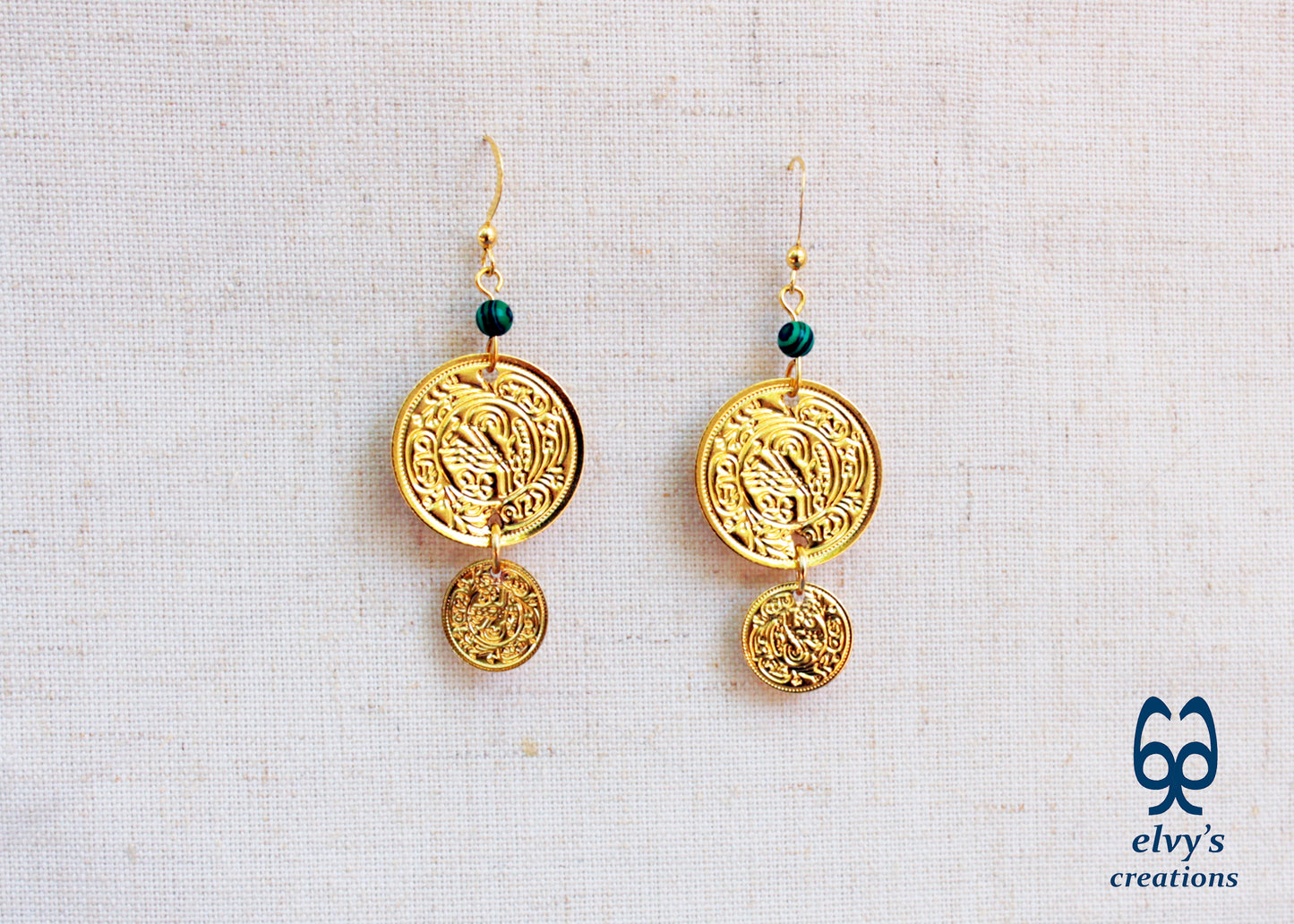 Gold Folklore Earrings, Coin Dangle Greek Traditional Jewelry, Sterling Silver Gold Plated Gypsy Jewelry, Gemstone