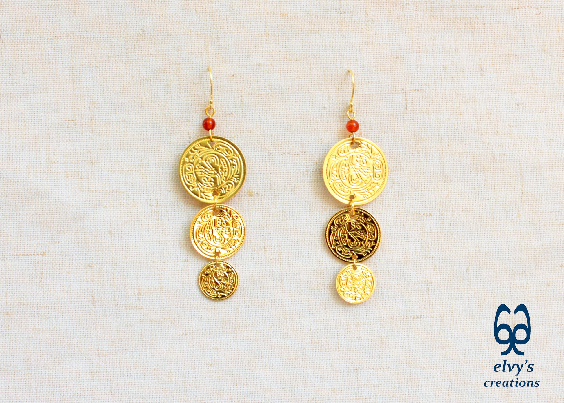 Gold Folklore Earrings, Coin Dangle Greek Traditional Jewelry, Sterling Silver Gold Plated Gypsy Jewelry, Gemstone