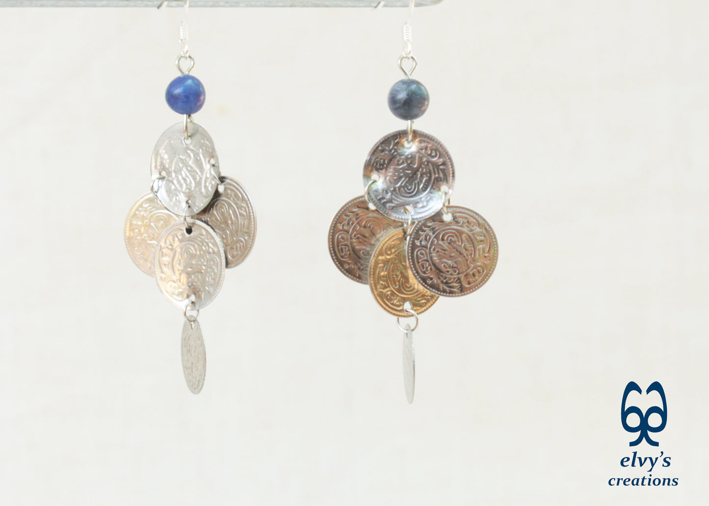 Gold Folklore Earrings, Coin Dangle Greek Traditional Jewelry, Sterling Silver Gold Plated Gypsy Jewelry, Gemstone