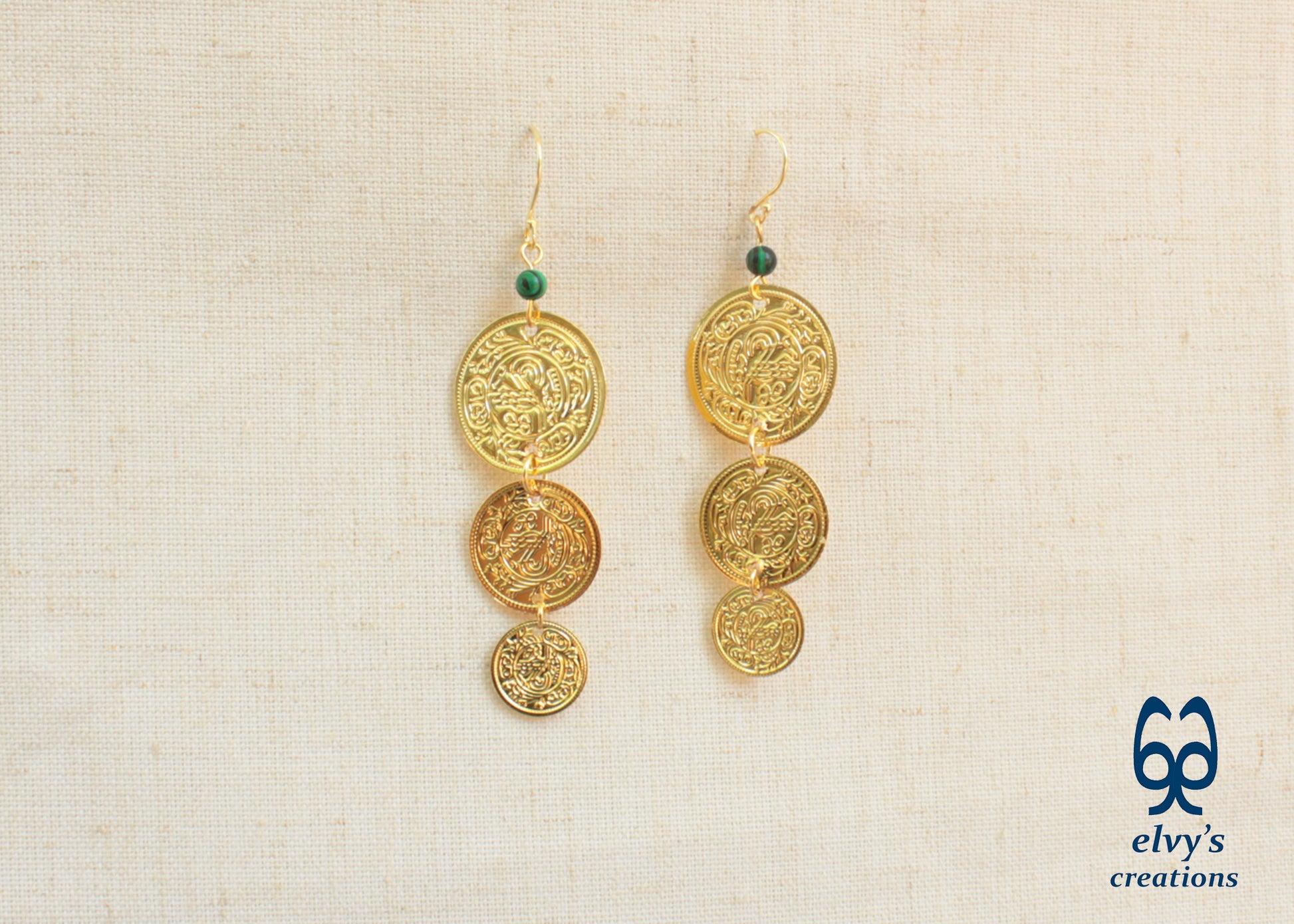 Gold Folklore Earrings, Coin Dangle Greek Traditional Jewelry, Sterling Silver Gold Plated Gypsy Jewelry, Gemstone