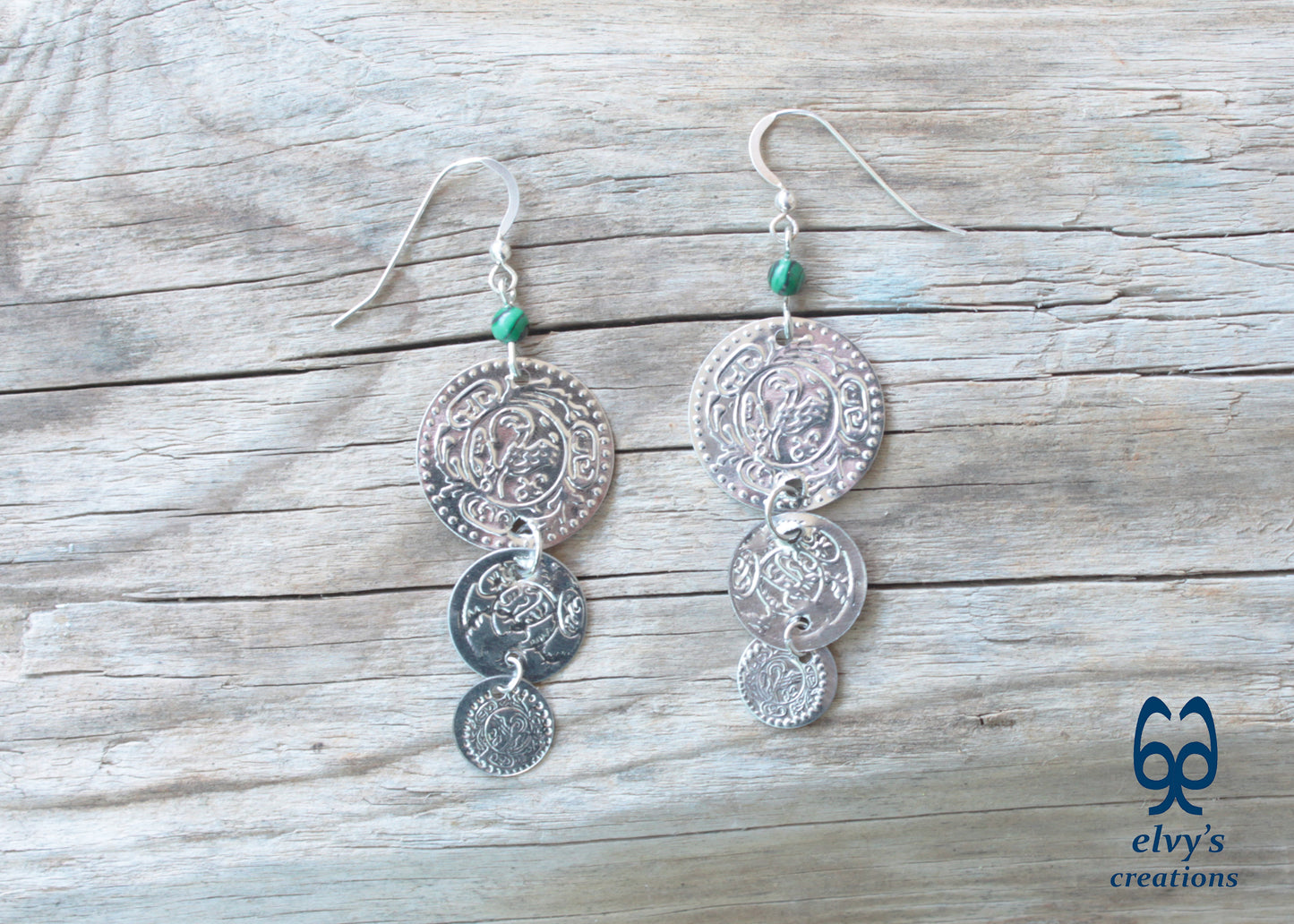 Gold Folklore Earrings, Coin Dangle Greek Traditional Jewelry, Sterling Silver Gold Plated Gypsy Jewelry, Gemstone