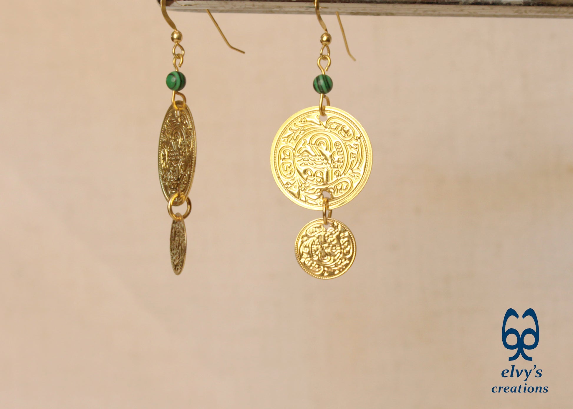 Gold Folklore Earrings, Coin Dangle Greek Traditional Jewelry, Sterling Silver Gold Plated Gypsy Jewelry, Gemstone