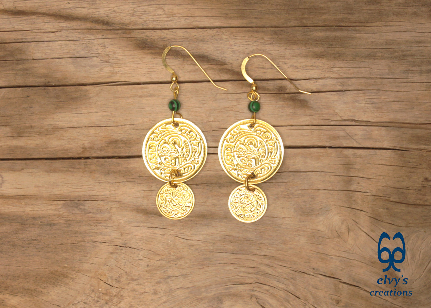 Gold Folklore Earrings, Coin Dangle Greek Traditional Jewelry, Sterling Silver Gold Plated Gypsy Jewelry, Gemstone