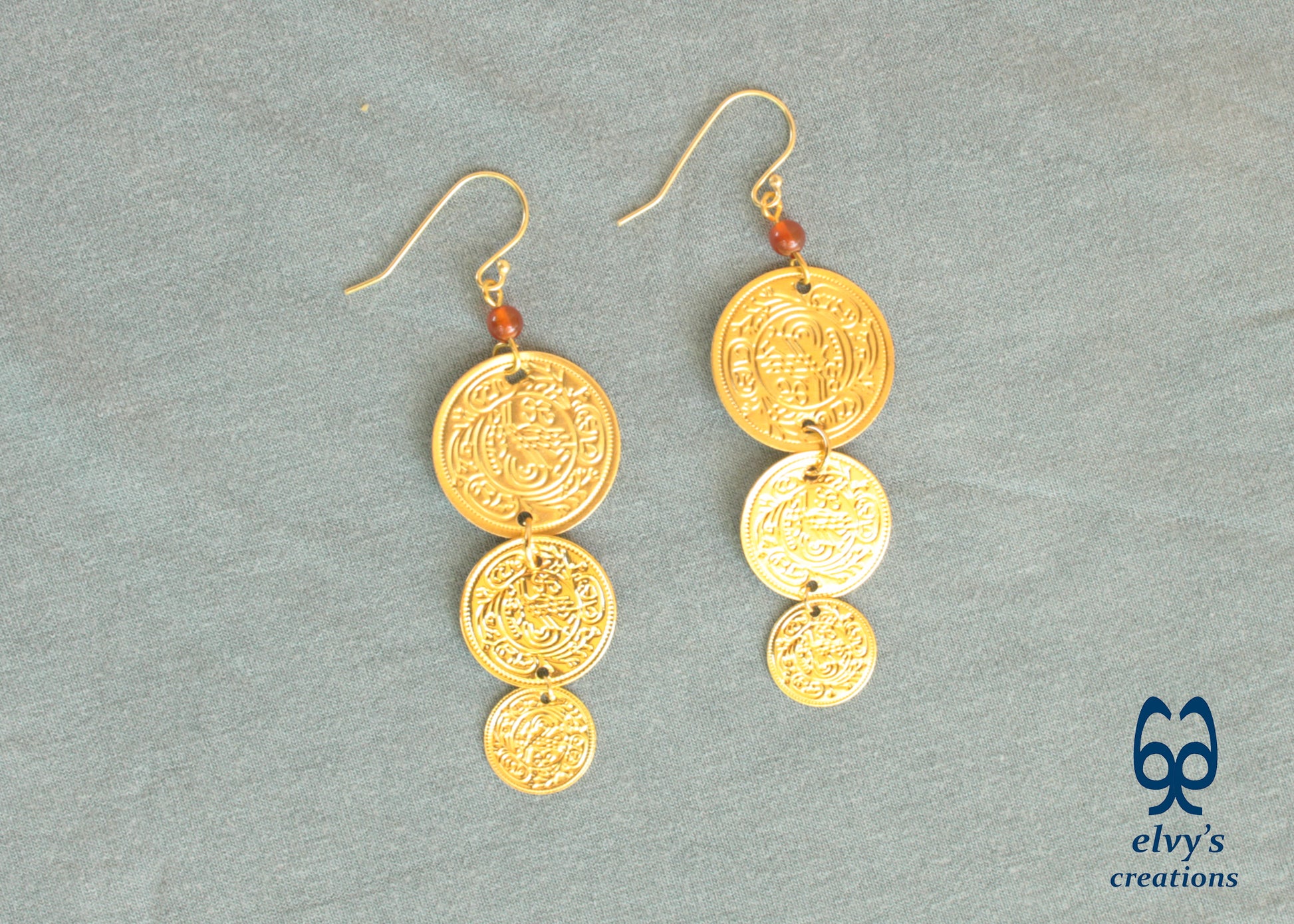 Gold Folklore Earrings, Coin Dangle Greek Traditional Jewelry, Sterling Silver Gold Plated Gypsy Jewelry, Gemstone