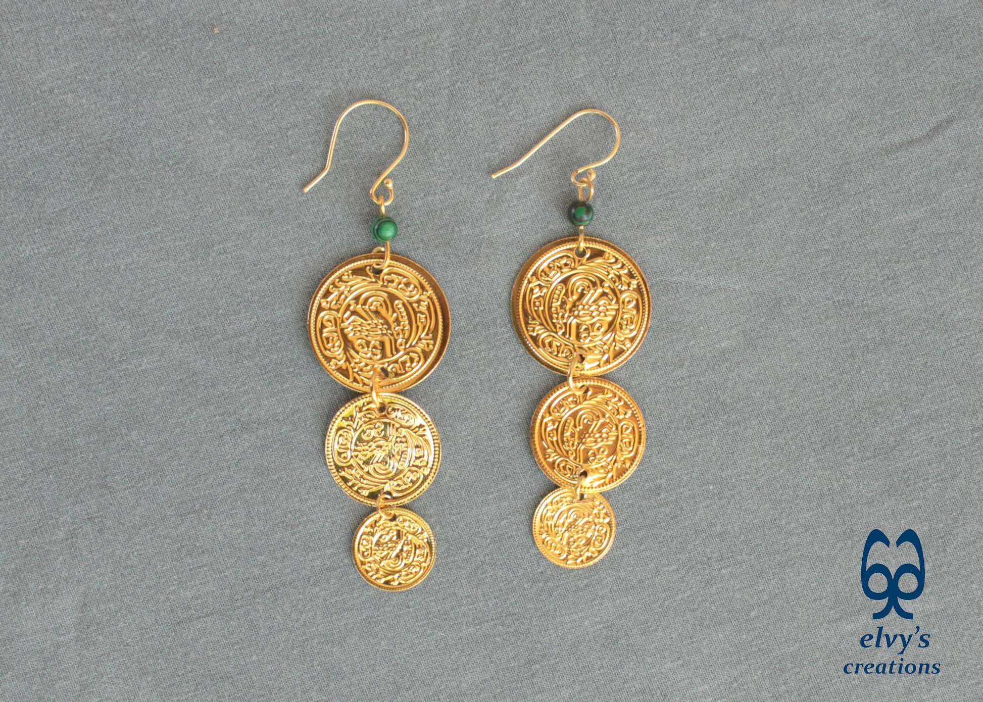 Gold Folklore Earrings, Coin Dangle Greek Traditional Jewelry, Sterling Silver Gold Plated Gypsy Jewelry, Gemstone