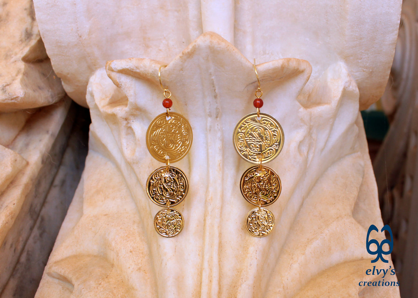 Gold Folklore Earrings, Coin Dangle Greek Traditional Jewelry, Sterling Silver Gold Plated Gypsy Jewelry, Gemstone