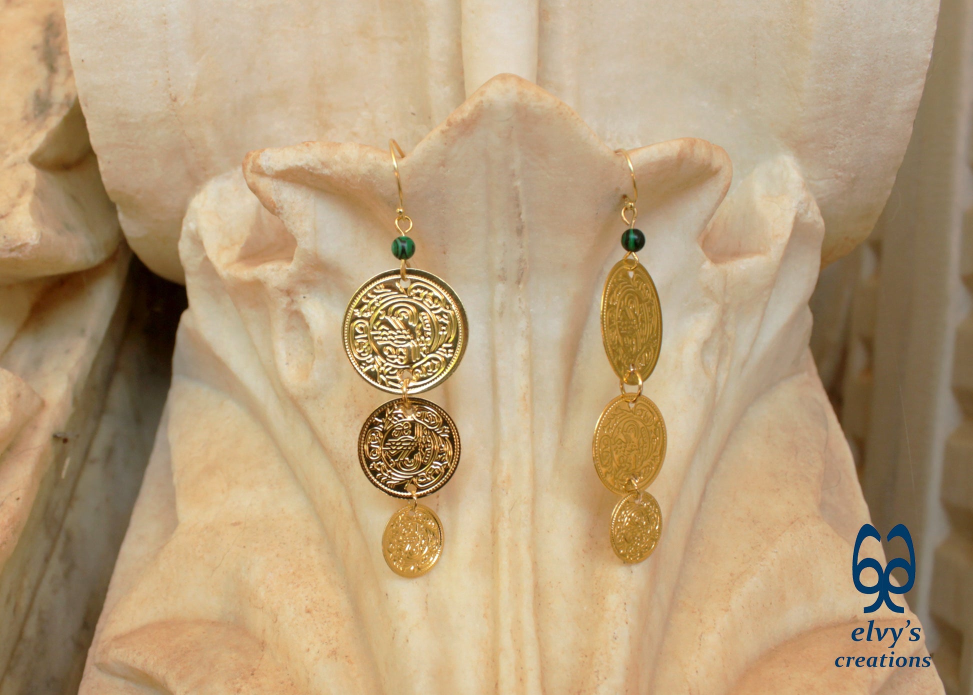 Gold Folklore Earrings, Coin Dangle Greek Traditional Jewelry, Sterling Silver Gold Plated Gypsy Jewelry, Gemstone