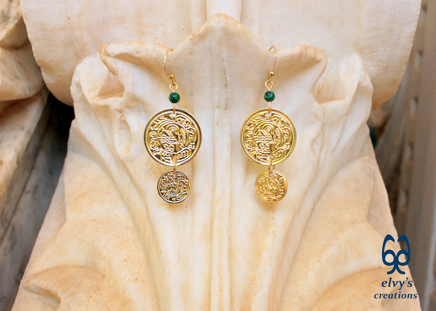 Gold Folklore Earrings, Coin Dangle Greek Traditional Jewelry, Sterling Silver Gold Plated Gypsy Jewelry, Gemstone