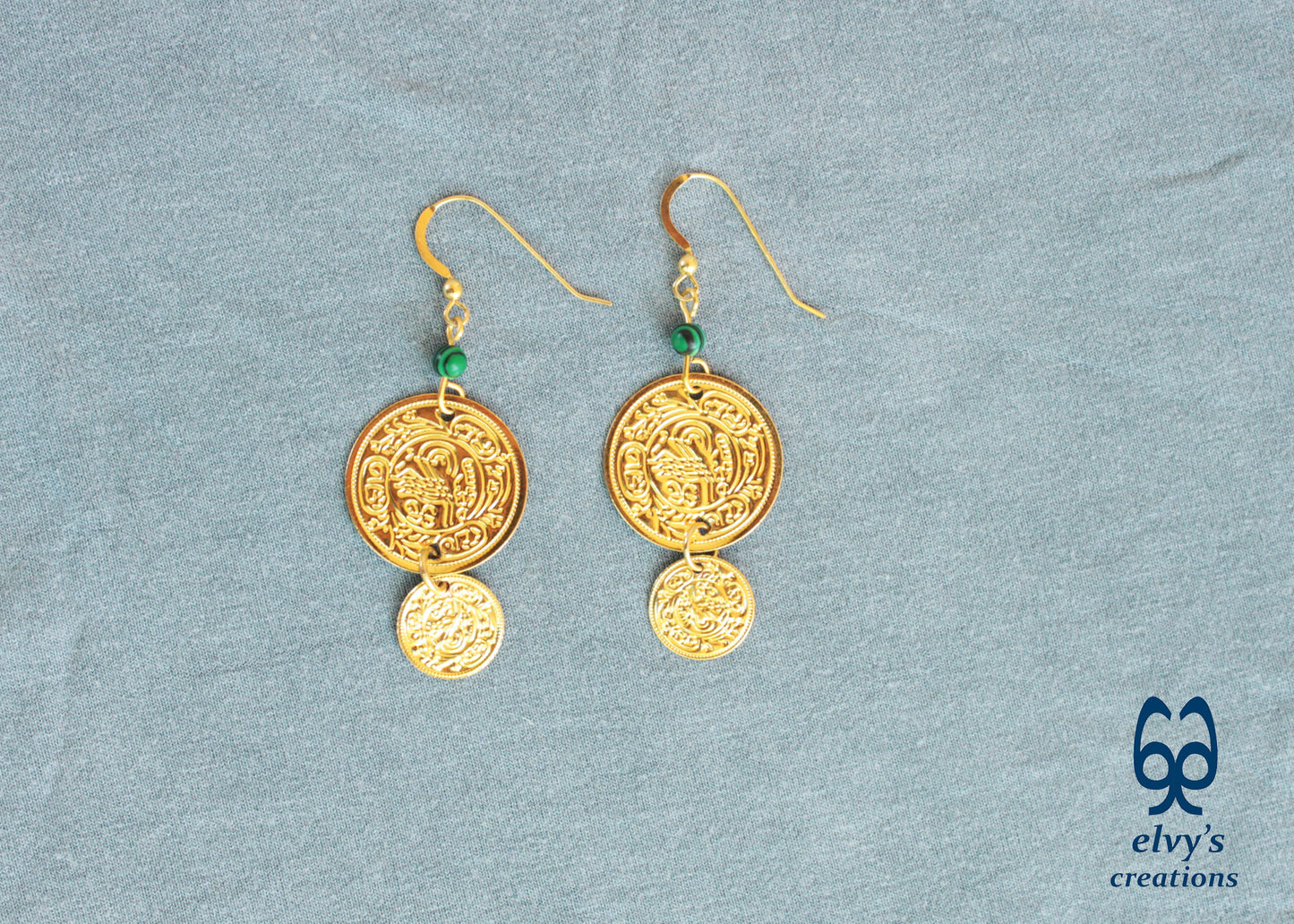 Gold Folklore Earrings, Coin Dangle Greek Traditional Jewelry, Sterling Silver Gold Plated Gypsy Jewelry, Gemstone