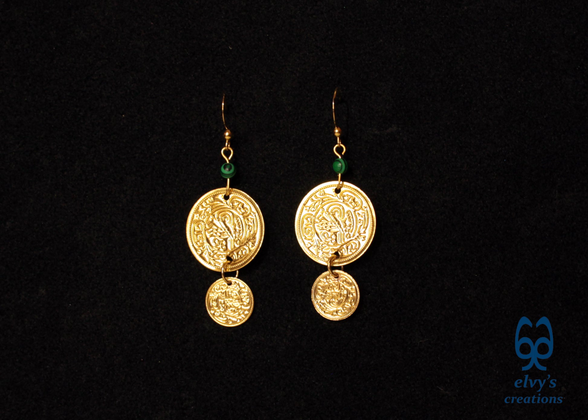 Gold Folklore Earrings, Coin Dangle Greek Traditional Jewelry, Sterling Silver Gold Plated Gypsy Jewelry, Gemstone