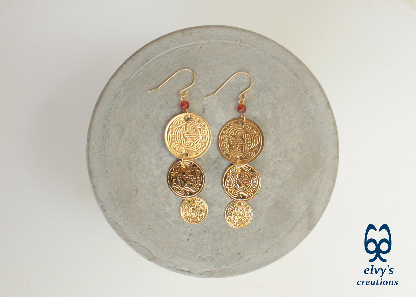 Gold Folklore Earrings, Coin Dangle Greek Traditional Jewelry, Sterling Silver Gold Plated Gypsy Jewelry, Gemstone