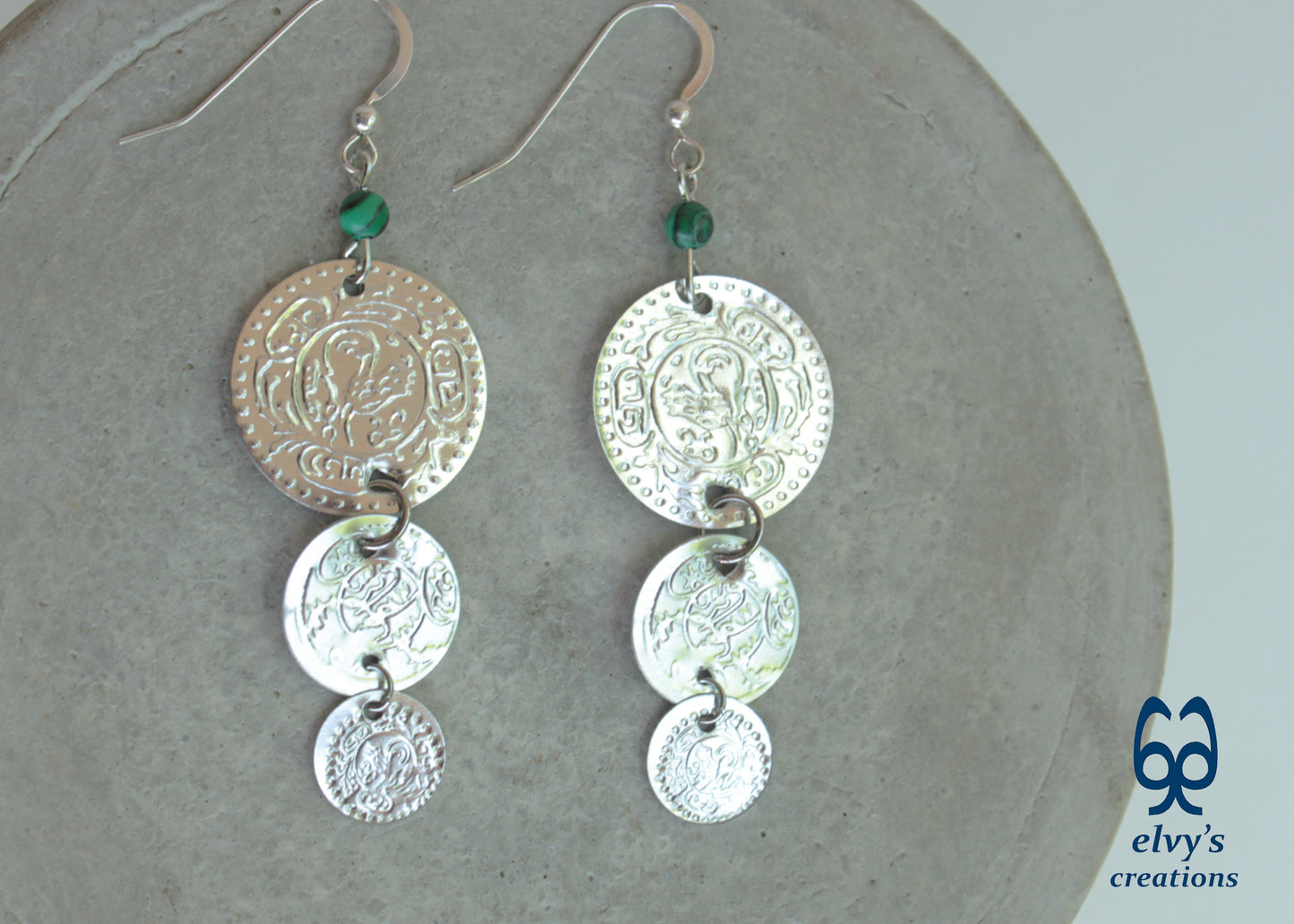 Gold Folklore Earrings, Coin Dangle Greek Traditional Jewelry, Sterling Silver Gold Plated Gypsy Jewelry, Gemstone