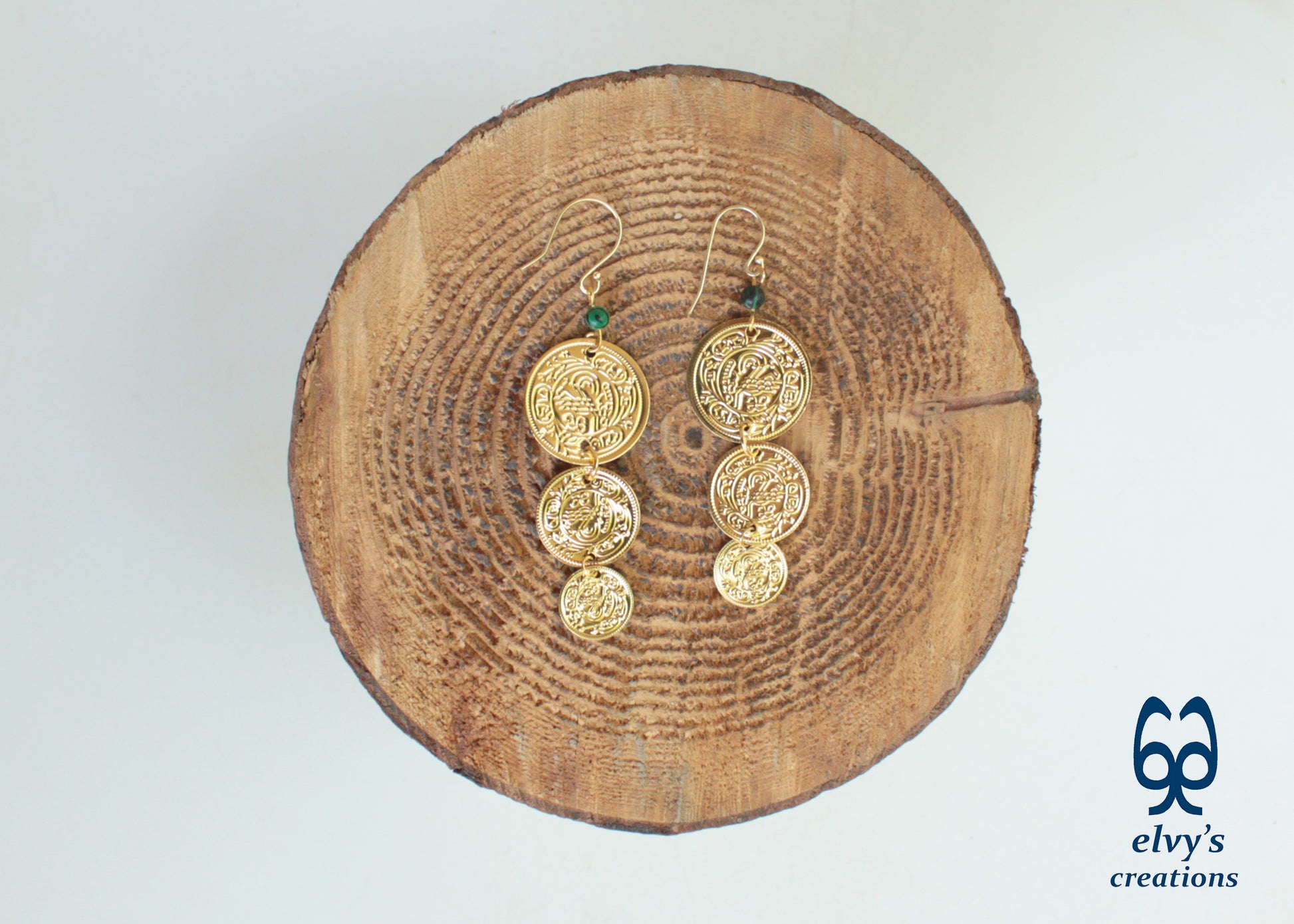 Gold Folklore Earrings, Coin Dangle Greek Traditional Jewelry, Sterling Silver Gold Plated Gypsy Jewelry, Gemstone