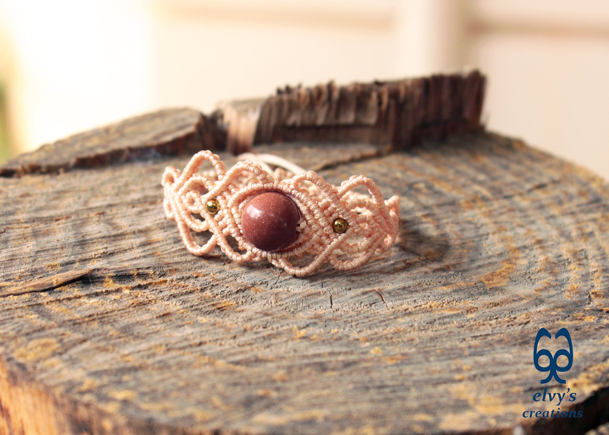 Handmade Beige Macrame Bracelet with Sandstone Gemstone Adjustable Cuff