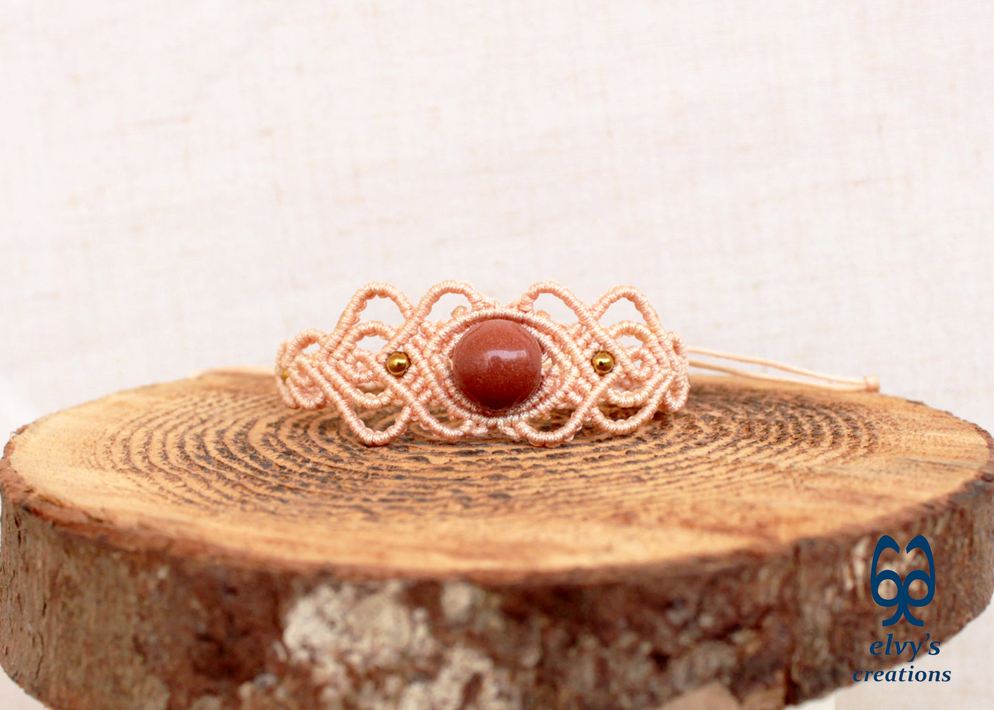 Handmade Beige Macrame Bracelet with Sandstone Gemstone Adjustable Cuff