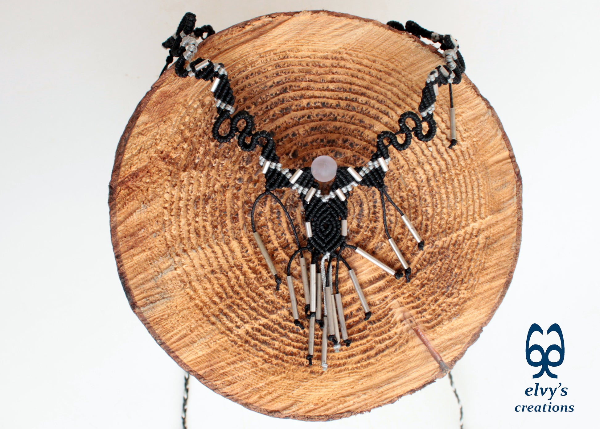 Handmade Black Macrame Necklace Adjustable Silver Choker with Beryl