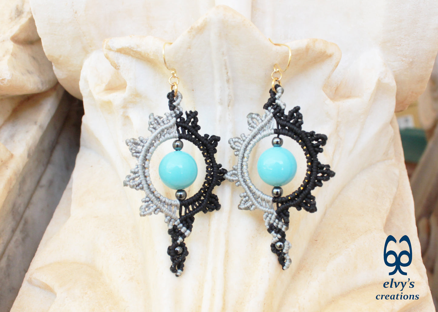 Black and Silver Macrame Earrings with Turquoise