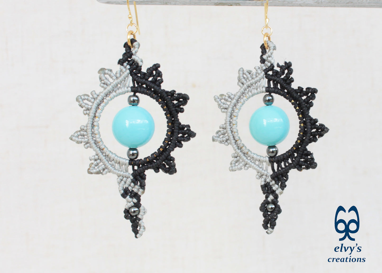 Black and Silver Macrame Earrings with Turquoise