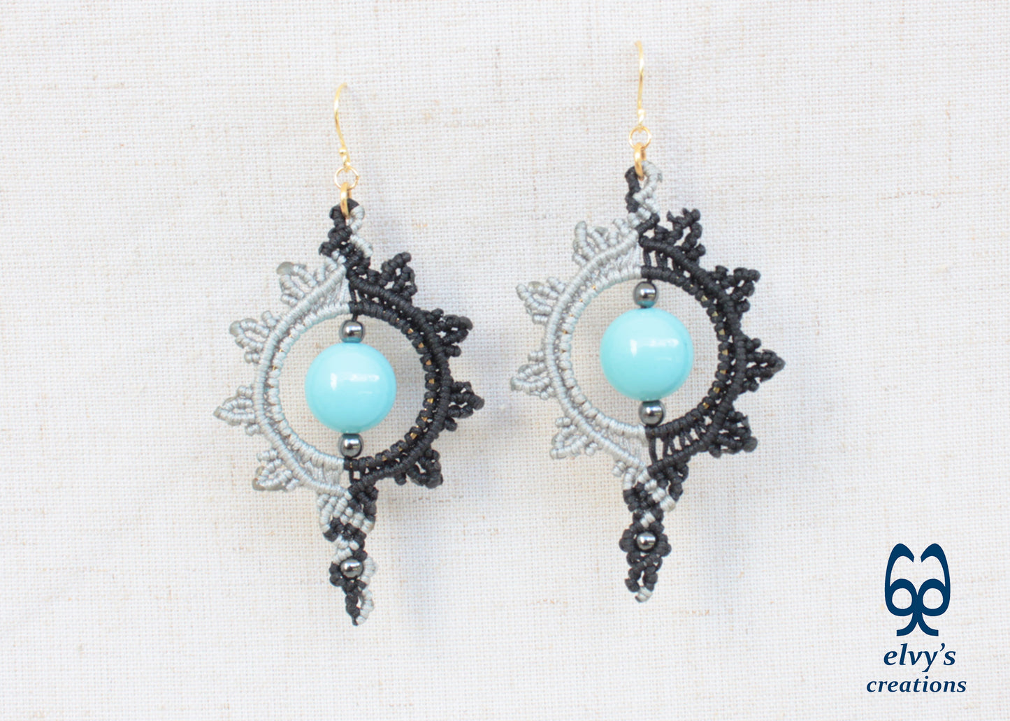 Black and Silver Macrame Earrings with Turquoise