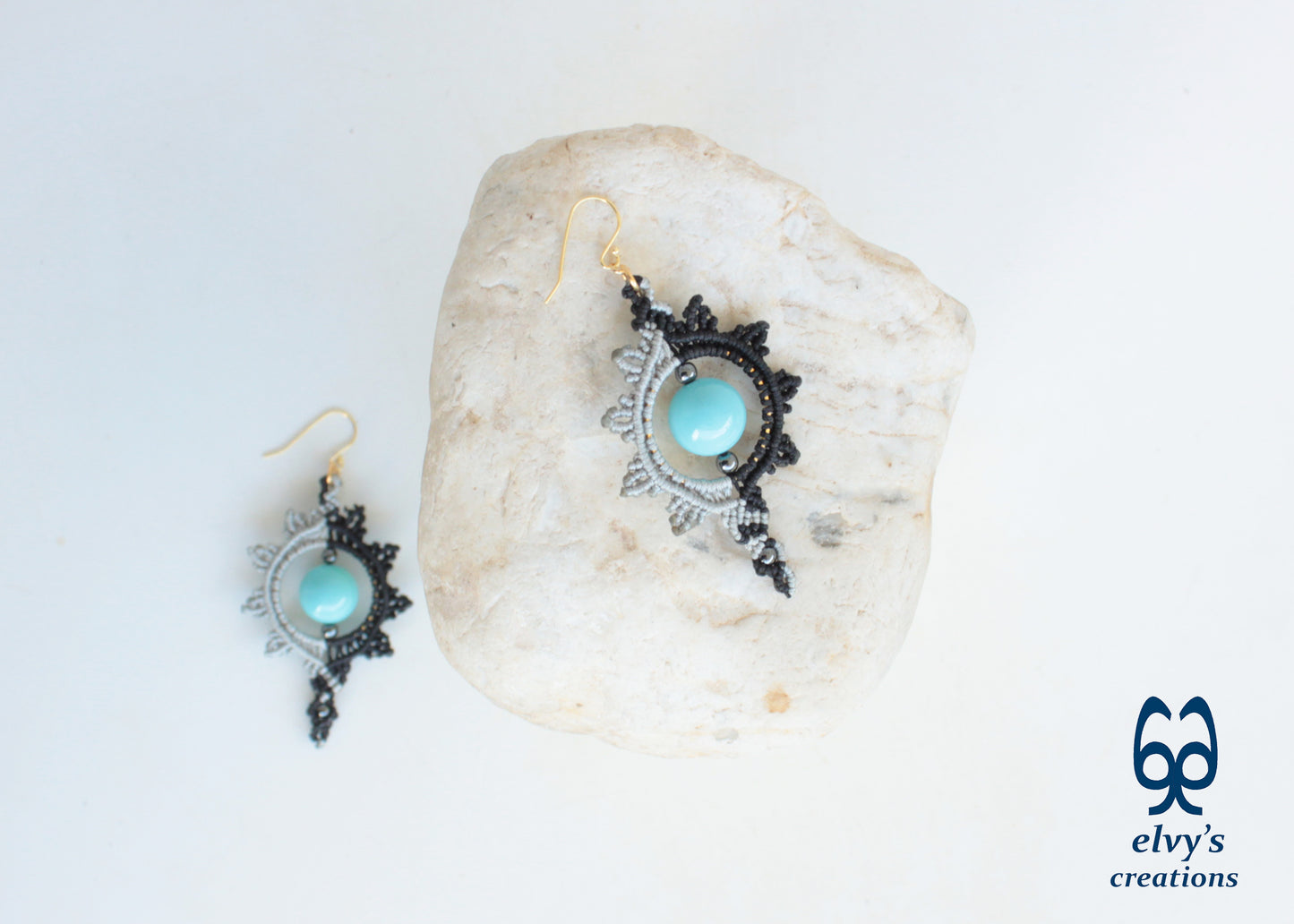 Black and Silver Macrame Earrings with Turquoise