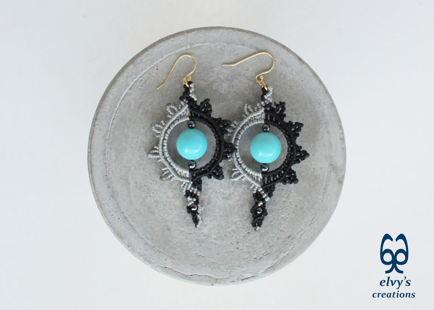 Black and Silver Macrame Earrings with Turquoise