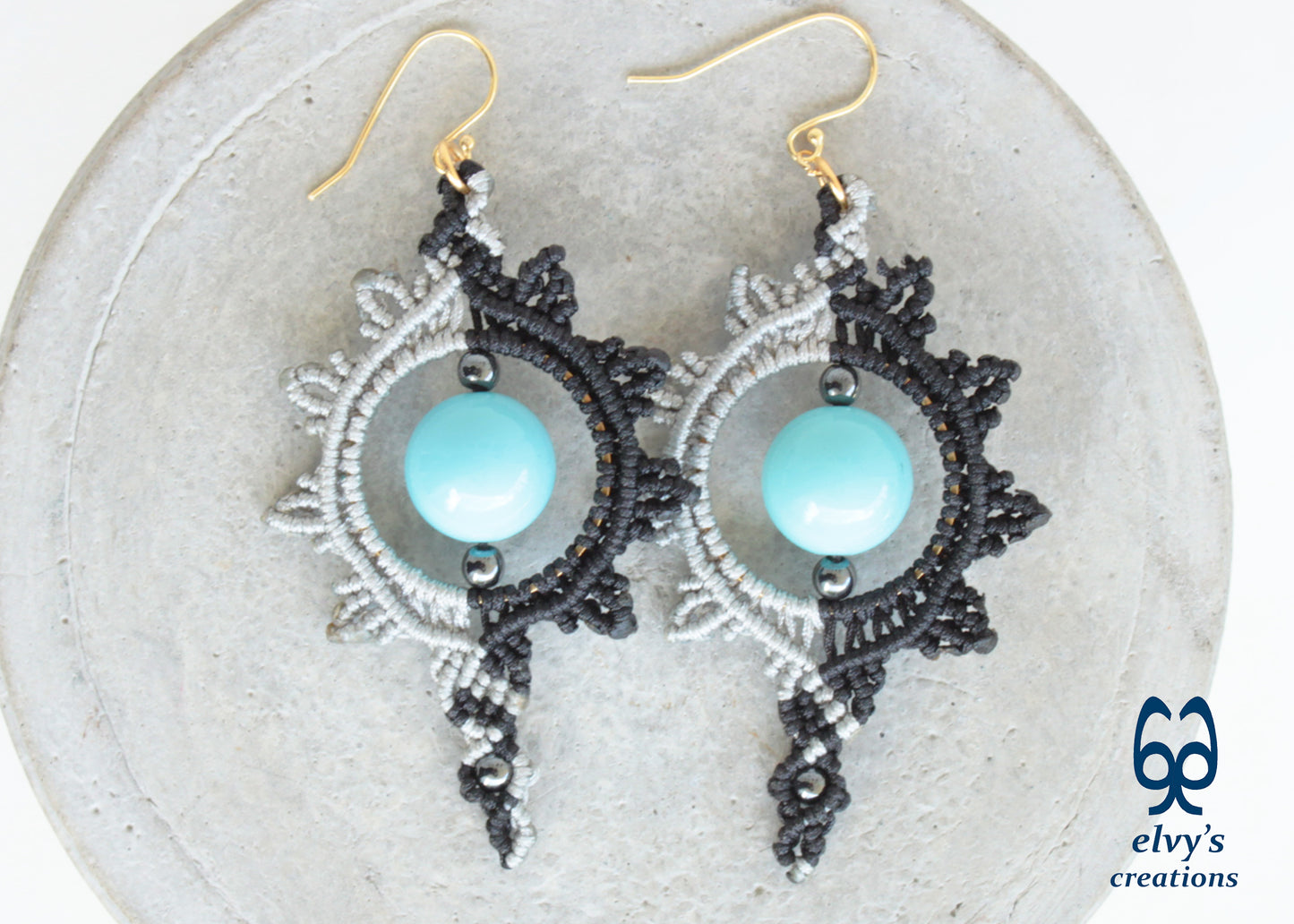 Black and Silver Macrame Earrings with Turquoise