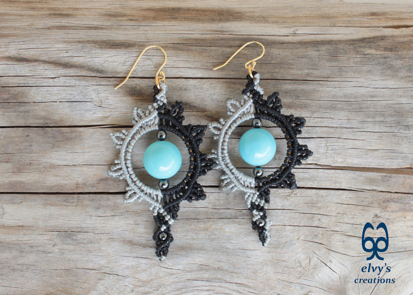 Black and Silver Macrame Earrings with Turquoise