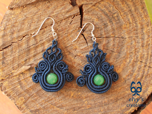 Handmade Blue Macrame Earrings with Green Jade Gemstones Silver Macrame Earrings