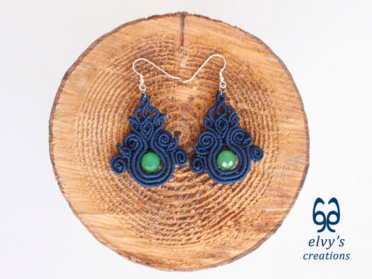 Handmade Blue Macrame Earrings with Green Jade Gemstones Silver Macrame Earrings