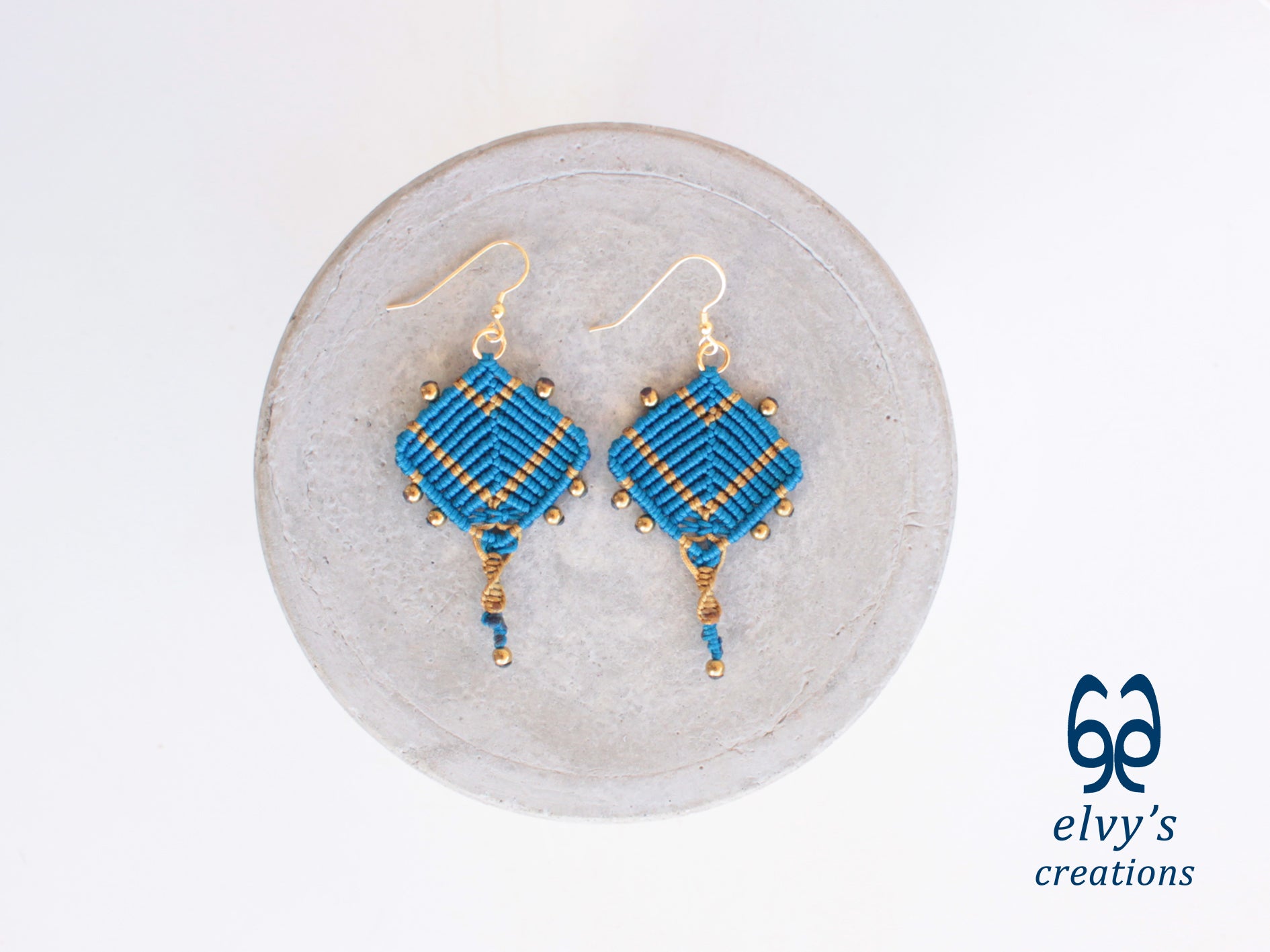 Handmade Blue and Gold Macrame Earrings, Dangle Gemstone Beads Earrings, Birthday Gift for Women