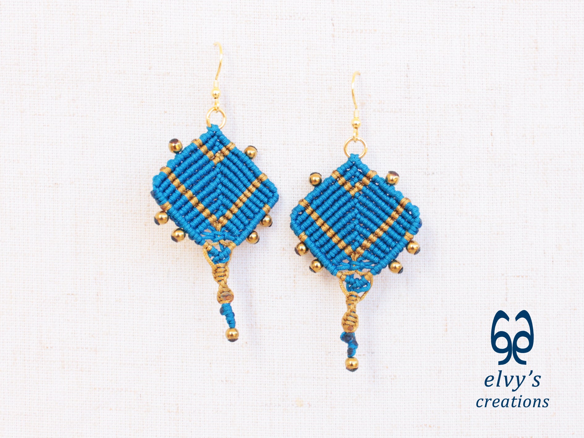 Handmade Blue and Gold Macrame Earrings, Dangle Gemstone Beads Earrings, Birthday Gift for Women