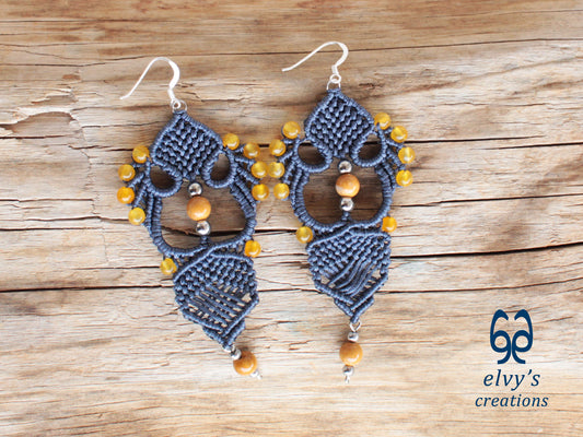 Handmade Blue Macrame Earrings with Agate Gemstones Macrame Jewelry