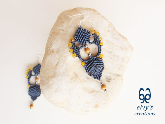 Handmade Blue Macrame Earrings with Agate Gemstones Macrame Jewelry