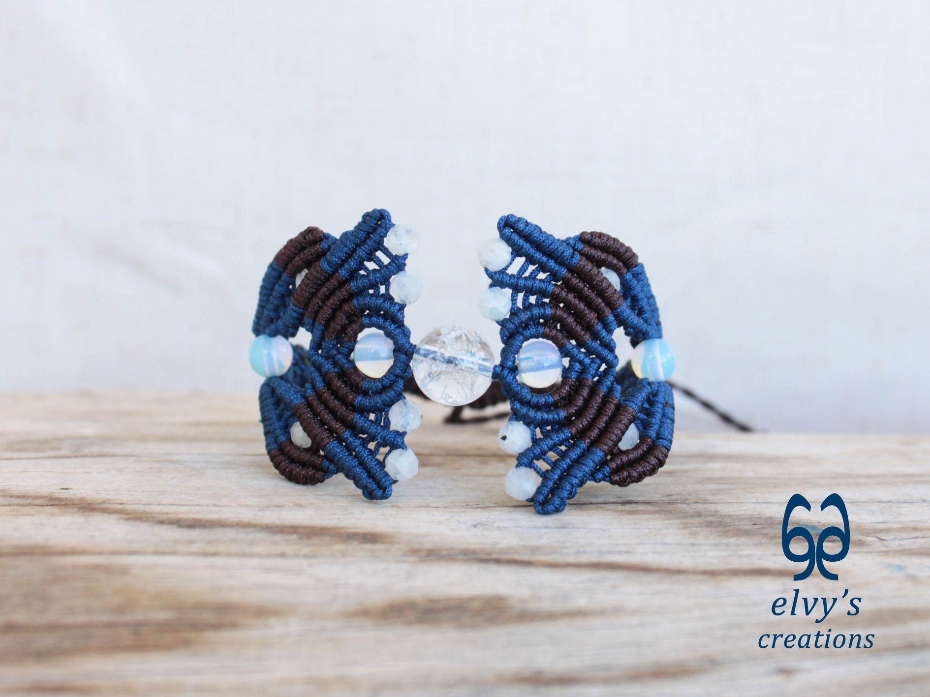 Blue Macrame Bracelet with Moonstone Gemstones, Handmade Cuff Bracelet for Women