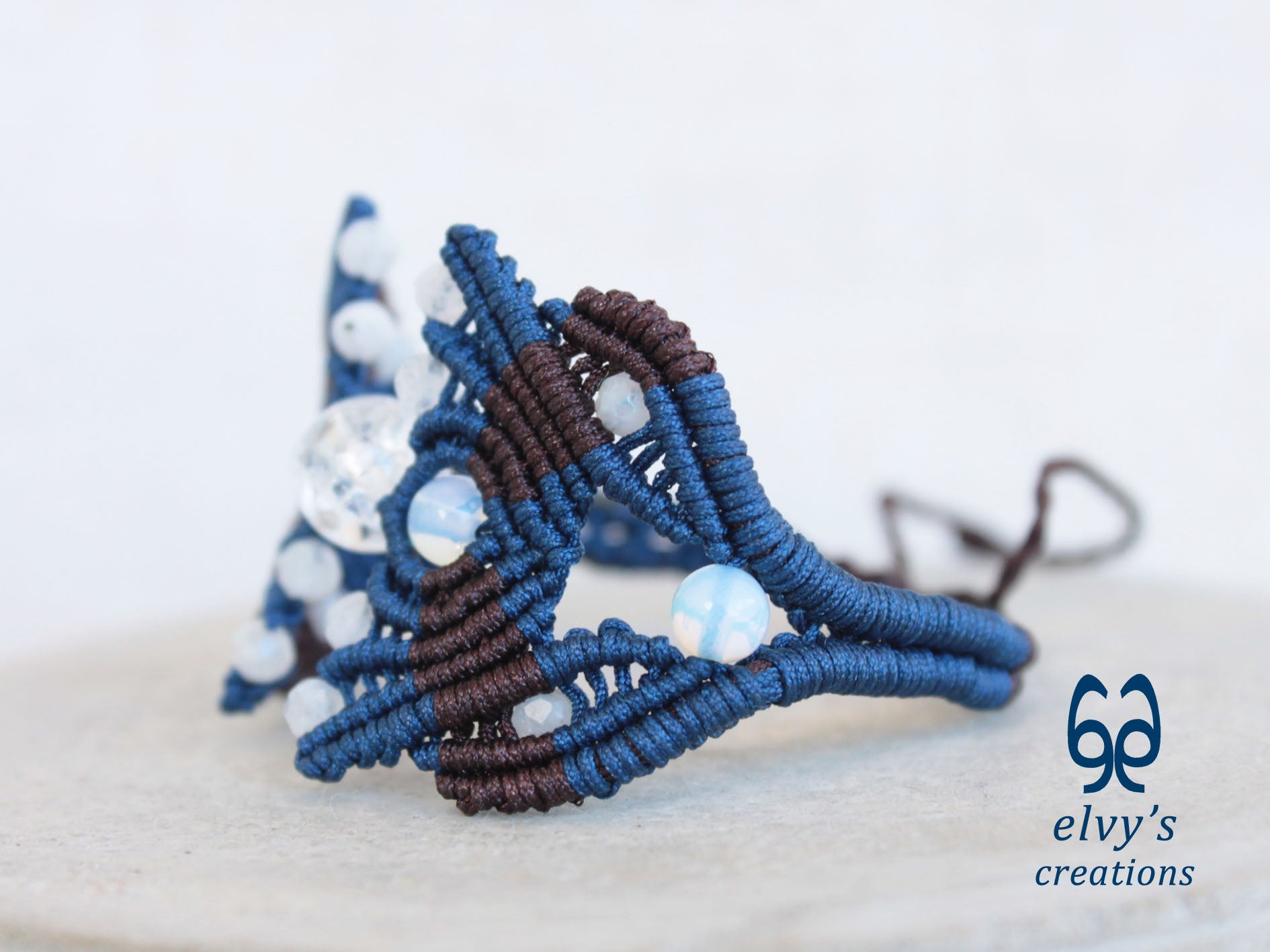 Blue Macrame Bracelet with Moonstone Gemstones, Handmade Cuff Bracelet for Women