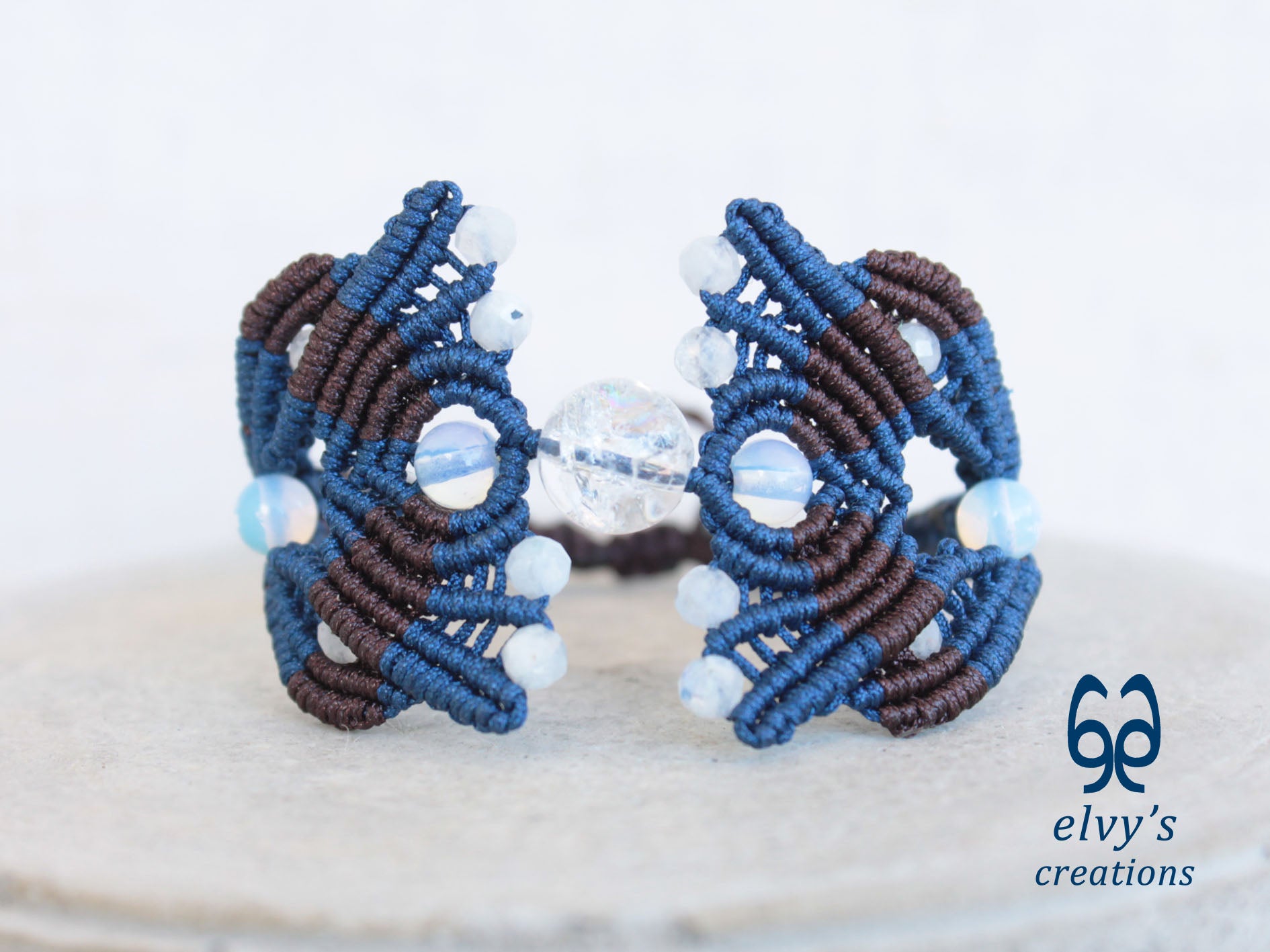 Blue Macrame Bracelet with Moonstone Gemstones, Handmade Cuff Bracelet for Women