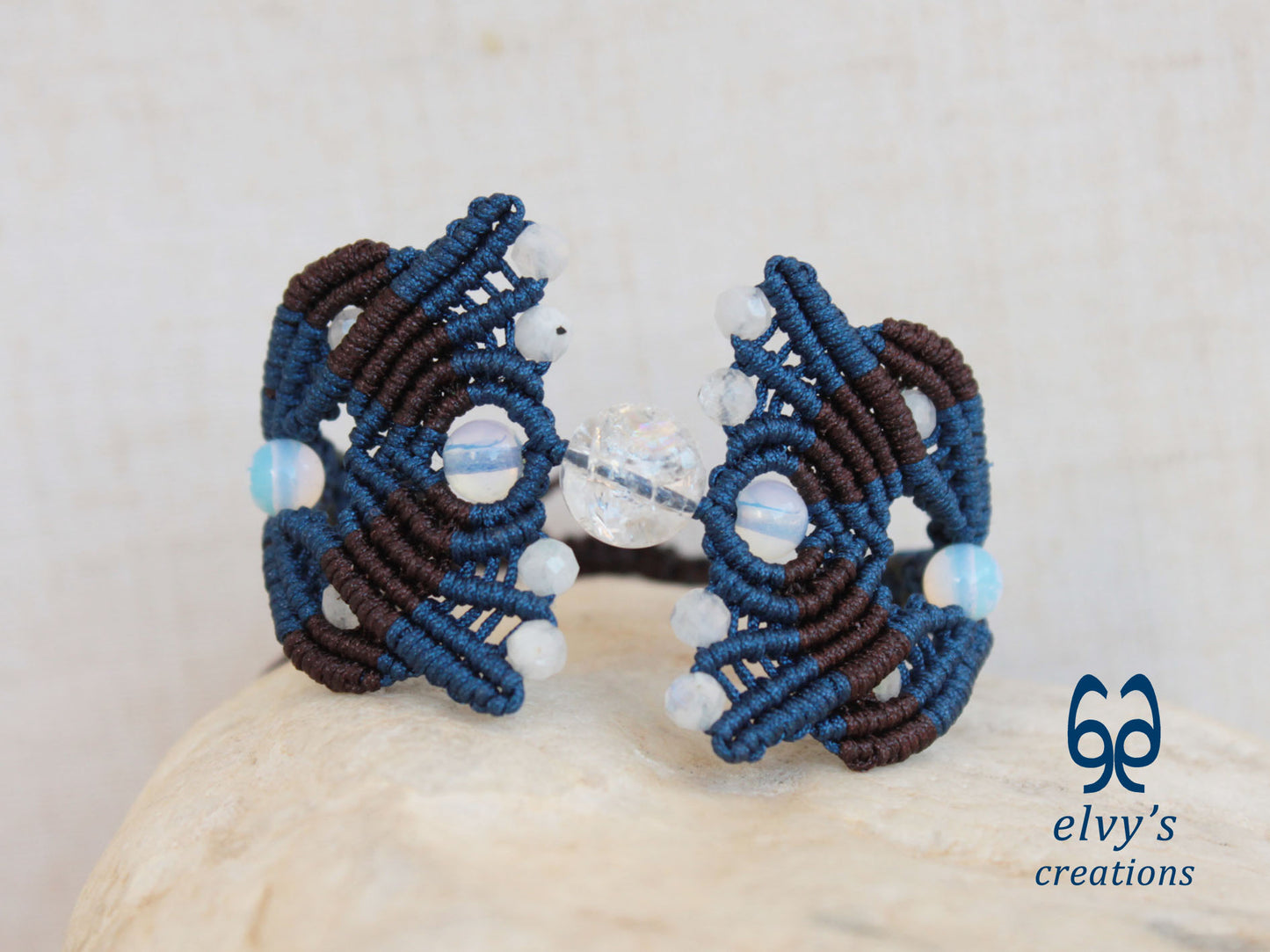 Blue Macrame Bracelet with Moonstone Gemstones, Handmade Cuff Bracelet for Women