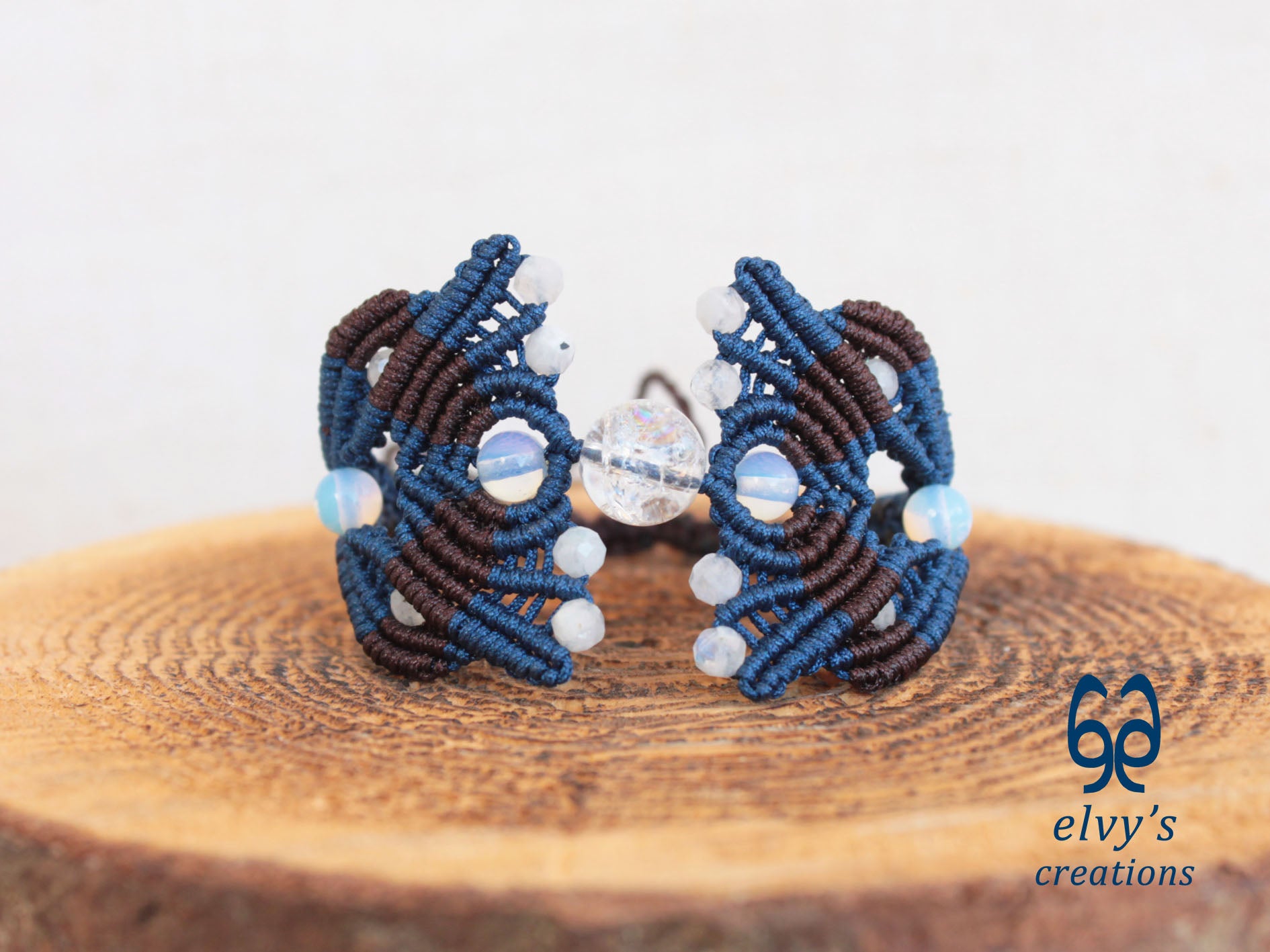 Blue Macrame Bracelet with Moonstone Gemstones, Handmade Cuff Bracelet for Women