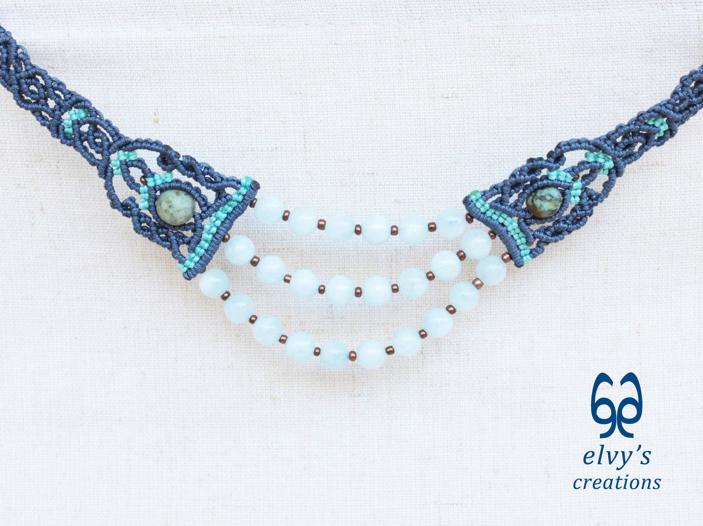 Handmade Blue Macrame Necklace with Aquamarine Gemstones Adjustable Boho Necklace