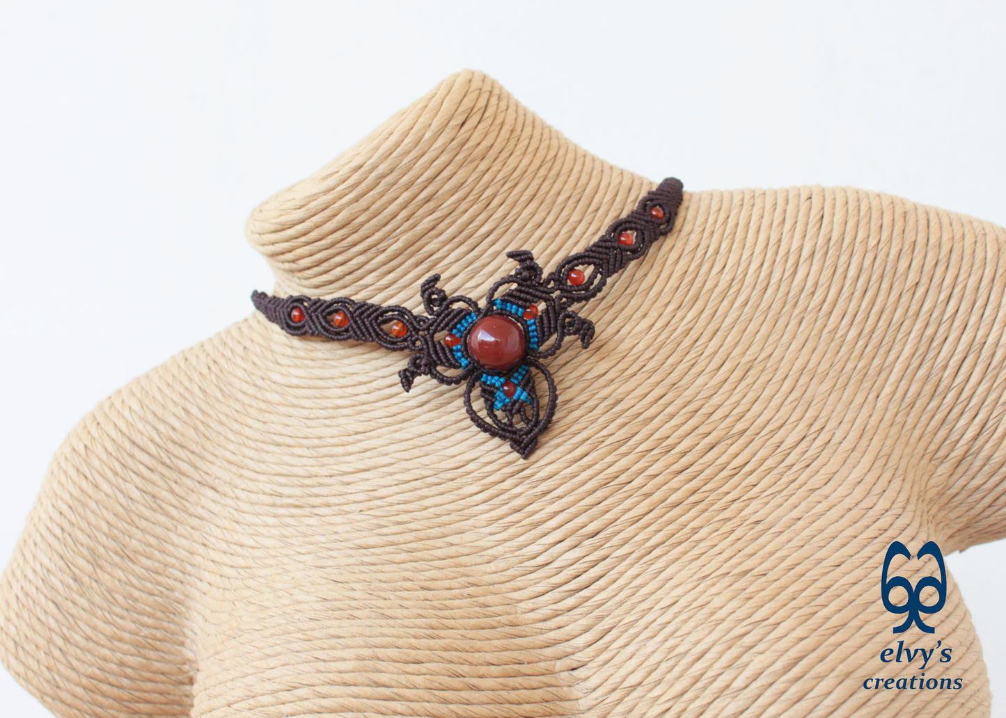 Handmade Brown Macrame Choker Necklace with Orange Carnelian Gemstones