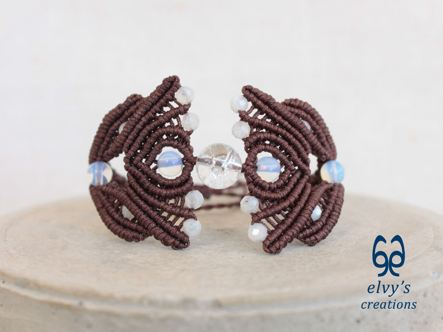 Brown Macrame Bracelet with Moonstone Gemstones, Handmade Cuff Bracelet for Women