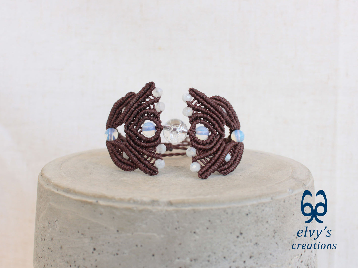 Brown Macrame Bracelet with Moonstone Gemstones, Handmade Cuff Bracelet for Women